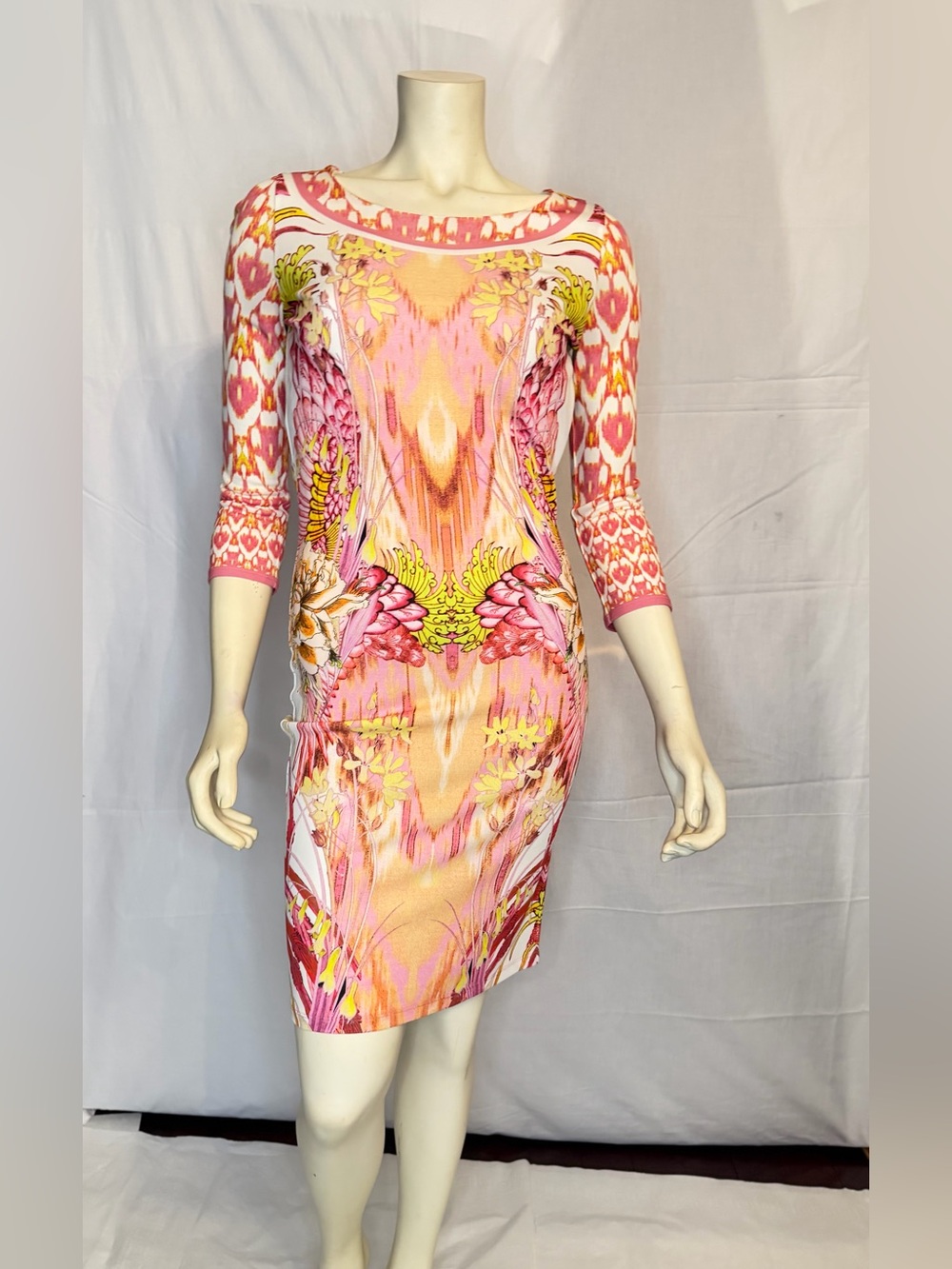 Roberto Cavalli Pink and Yellow Floral Midi Sheath Dress